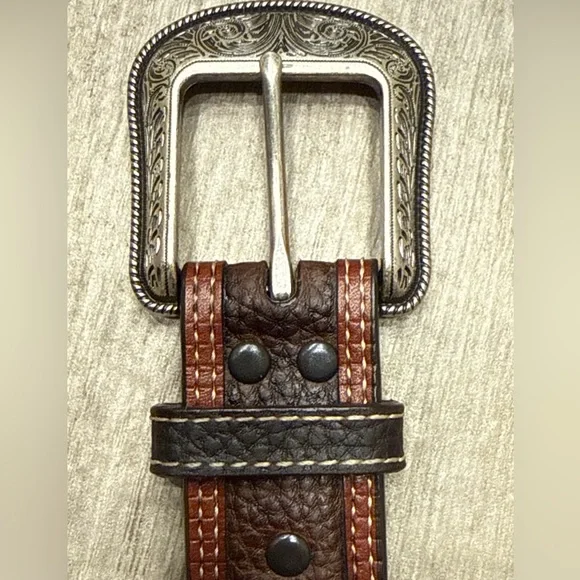 Ariat Mens Two-tone Leather Belt-A10004305 Brown Silver Buckle Size 34 NWOT - Picture 8 of 9